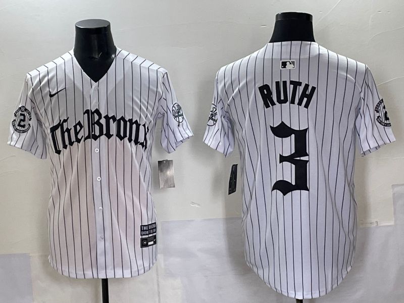 Men 2025 New York Yankees 3 Ruth White Stripe Five generations Joint Name Nike MLB Jersey style 01